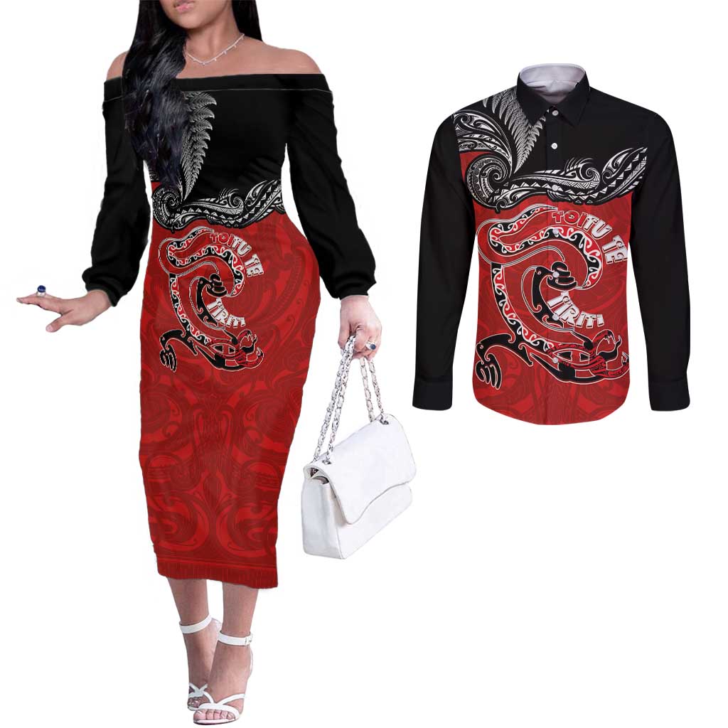 Personalised Aotearoa Toitu Te Tiriti Couples Matching Off The Shoulder Long Sleeve Dress and Long Sleeve Button Shirt Taniwha Tribal Motifs