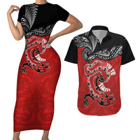 Personalised Aotearoa Toitu Te Tiriti Couples Matching Short Sleeve Bodycon Dress and Hawaiian Shirt Taniwha Tribal Motifs