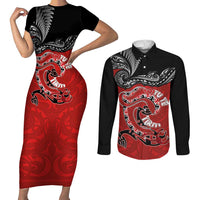 Personalised Aotearoa Toitu Te Tiriti Couples Matching Short Sleeve Bodycon Dress and Long Sleeve Button Shirt Taniwha Tribal Motifs