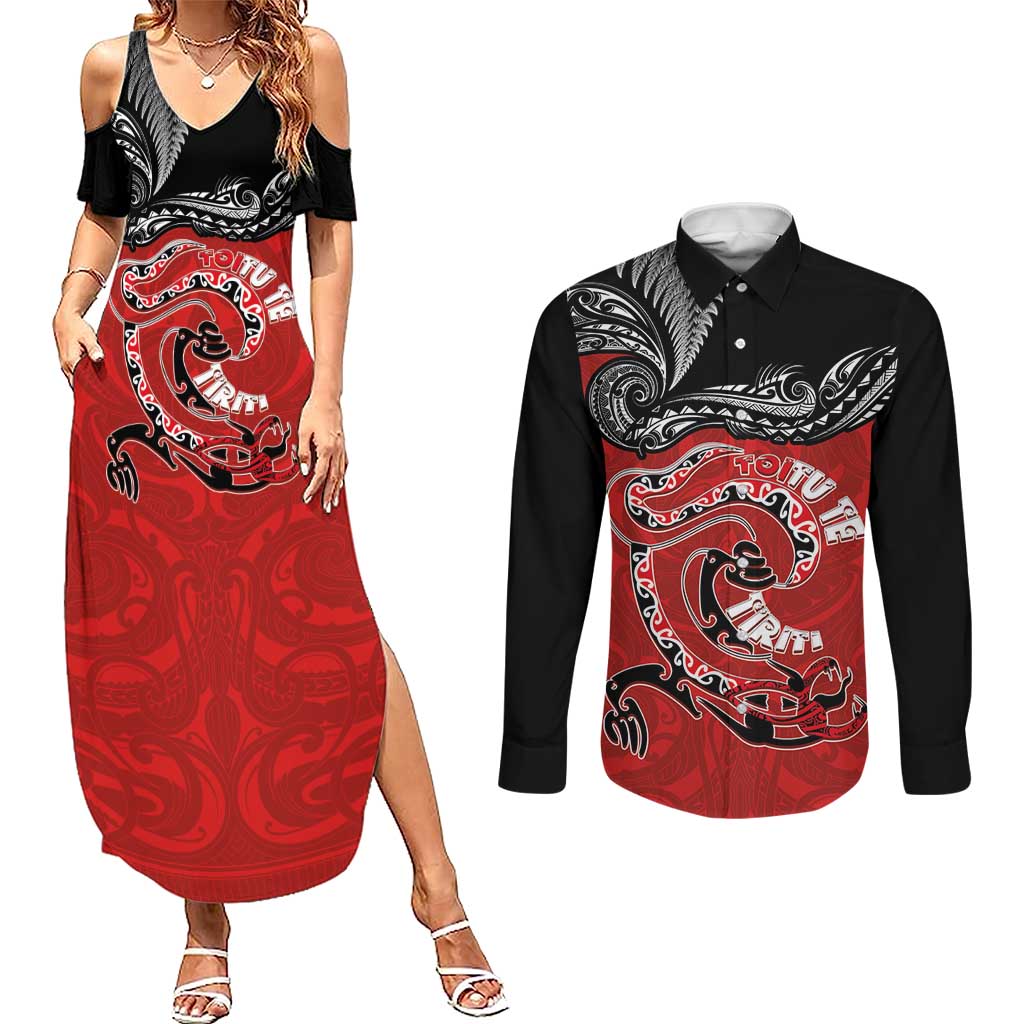 Personalised Aotearoa Toitu Te Tiriti Couples Matching Summer Maxi Dress and Long Sleeve Button Shirt Taniwha Tribal Motifs