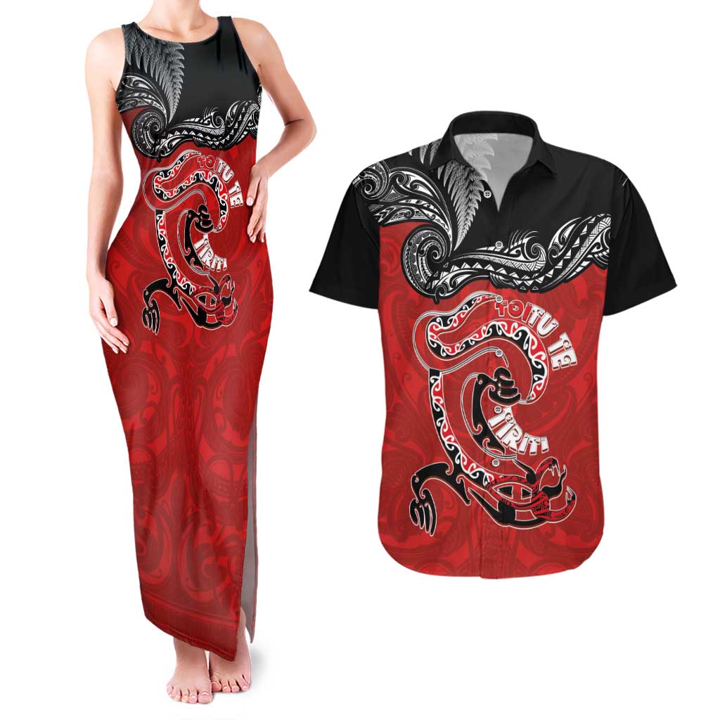 Personalised Aotearoa Toitu Te Tiriti Couples Matching Tank Maxi Dress and Hawaiian Shirt Taniwha Tribal Motifs