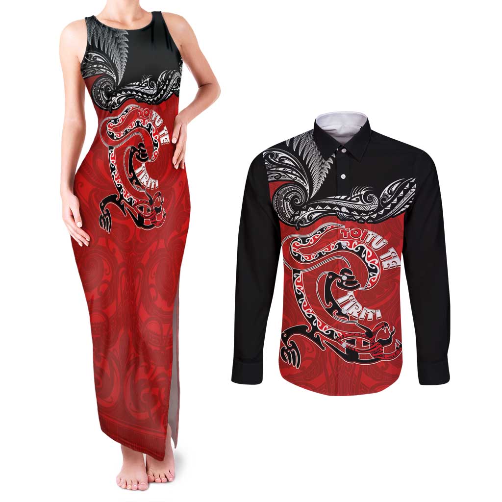 Personalised Aotearoa Toitu Te Tiriti Couples Matching Tank Maxi Dress and Long Sleeve Button Shirt Taniwha Tribal Motifs