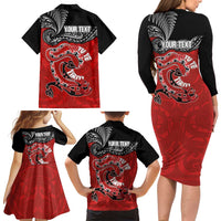 Personalised Aotearoa Toitu Te Tiriti Family Matching Long Sleeve Bodycon Dress and Hawaiian Shirt Taniwha Tribal Motifs
