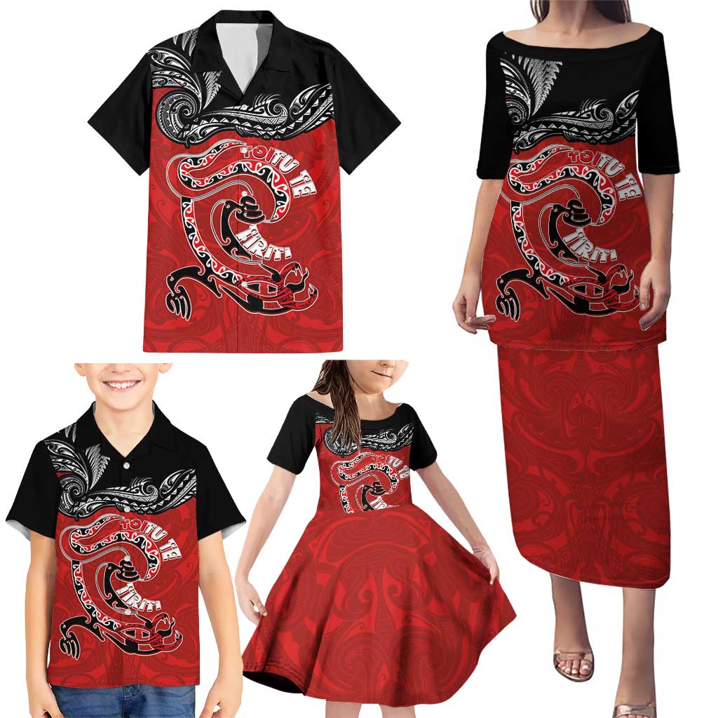 Personalised Aotearoa Toitu Te Tiriti Family Matching Puletasi and Hawaiian Shirt Taniwha Tribal Motifs