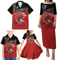 Personalised Aotearoa Toitu Te Tiriti Family Matching Puletasi and Hawaiian Shirt Taniwha Tribal Motifs