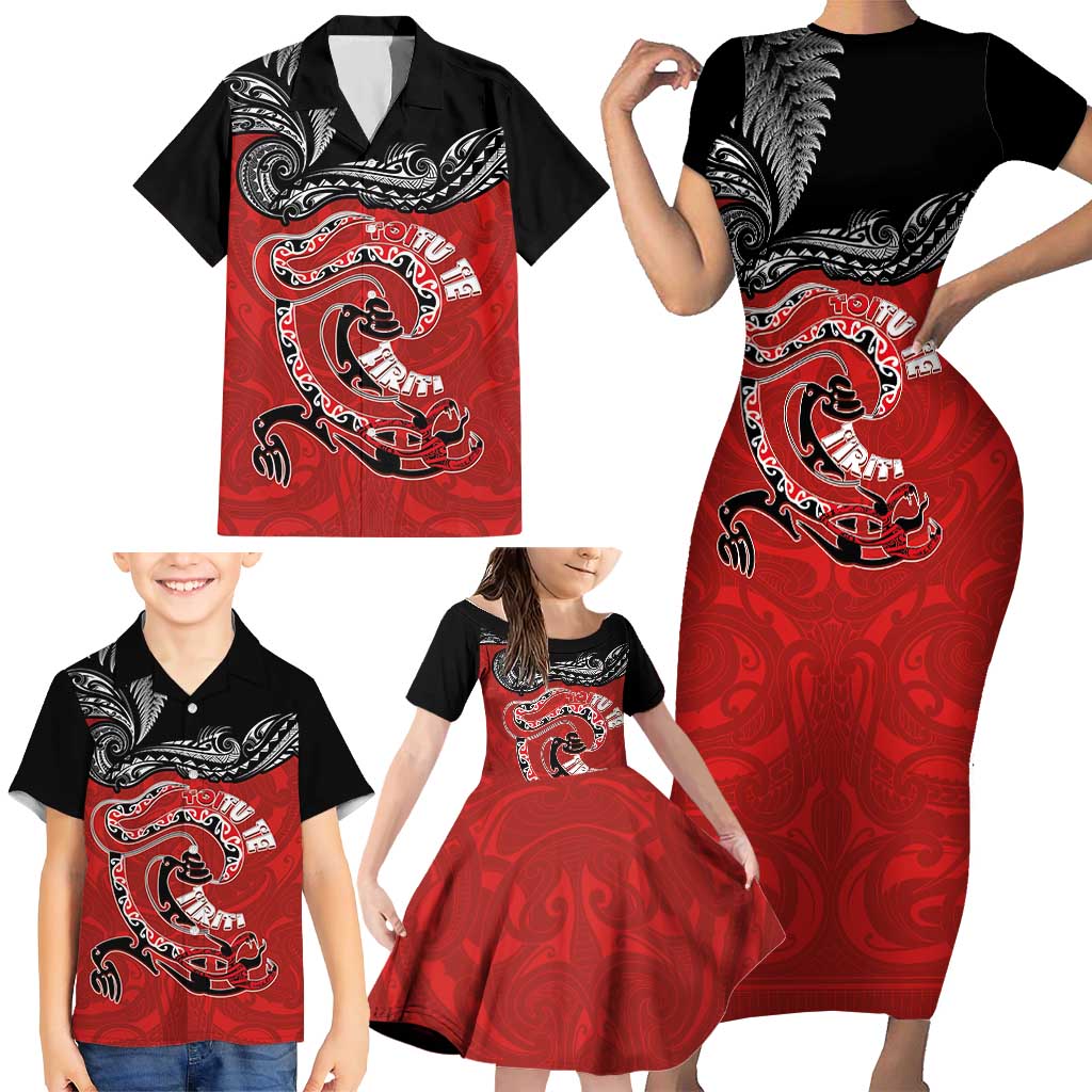 Personalised Aotearoa Toitu Te Tiriti Family Matching Short Sleeve Bodycon Dress and Hawaiian Shirt Taniwha Tribal Motifs LT03 - Polynesian Pride