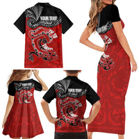 Personalised Aotearoa Toitu Te Tiriti Family Matching Short Sleeve Bodycon Dress and Hawaiian Shirt Taniwha Tribal Motifs LT03 - Polynesian Pride