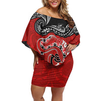 Personalised Aotearoa Toitu Te Tiriti Off Shoulder Short Dress Taniwha Tribal Motifs