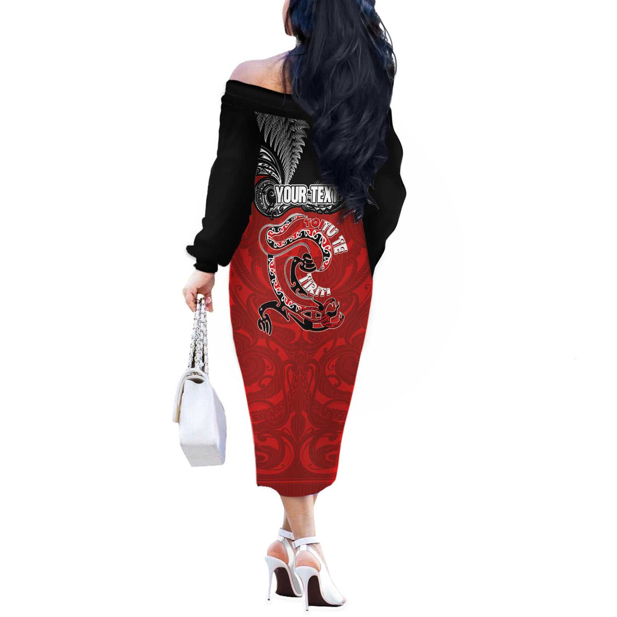 Personalised Aotearoa Toitu Te Tiriti Off The Shoulder Long Sleeve Dress Taniwha Tribal Motifs