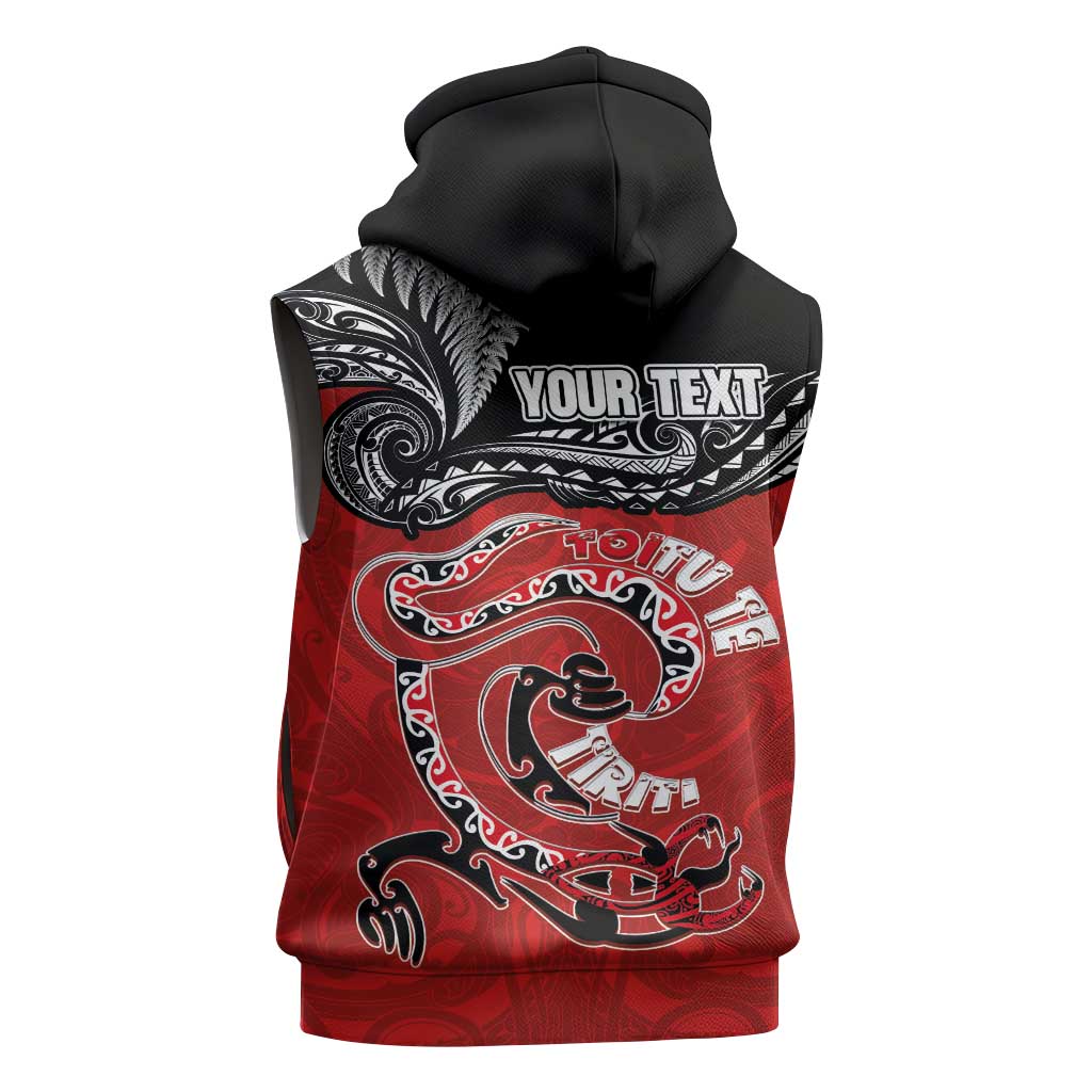 Personalised Aotearoa Toitu Te Tiriti Sleeveless Hoodie Taniwha Tribal Motifs
