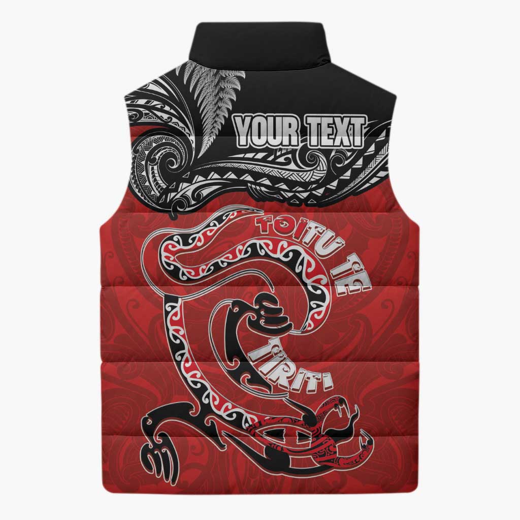 Personalised Aotearoa Toitu Te Tiriti Sleeveless Puffer Jacket Taniwha Tribal Motifs