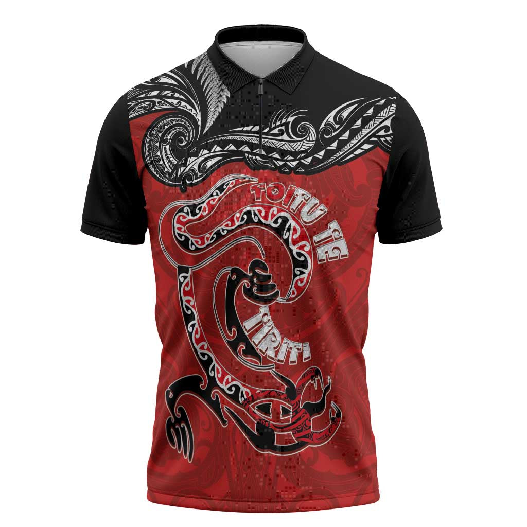 Personalised Aotearoa Toitu Te Tiriti Zipper Polo Shirt Taniwha Tribal Motifs