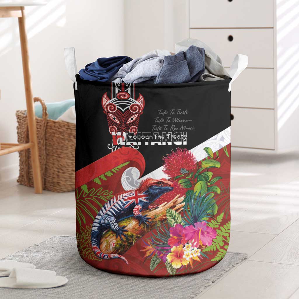 Aotearoa Toitu Te Tiriti Laundry Basket Waitangi-Honour The Treaty NZ Tuatara and Plants