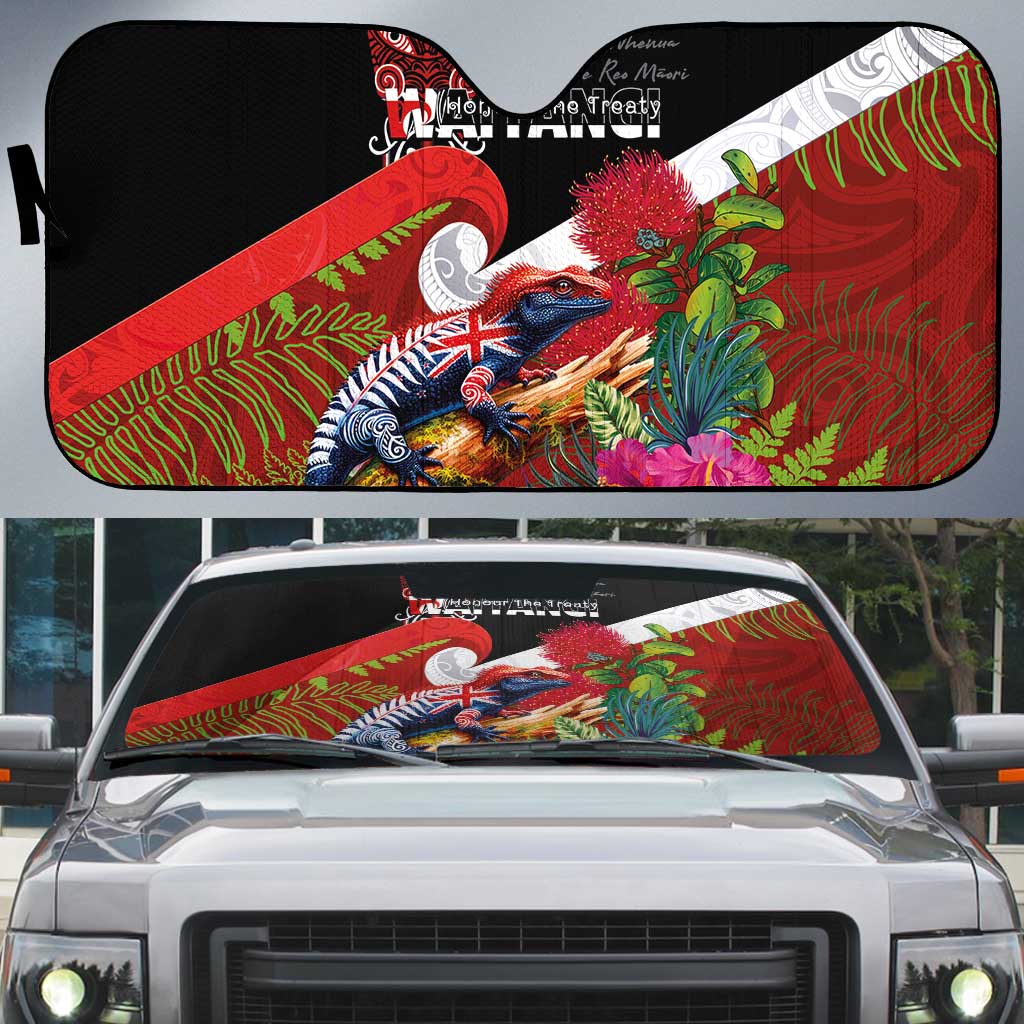 Aotearoa Toitu Te Tiriti Auto Sun Shade Waitangi-Honour The Treaty NZ Tuatara and Plants