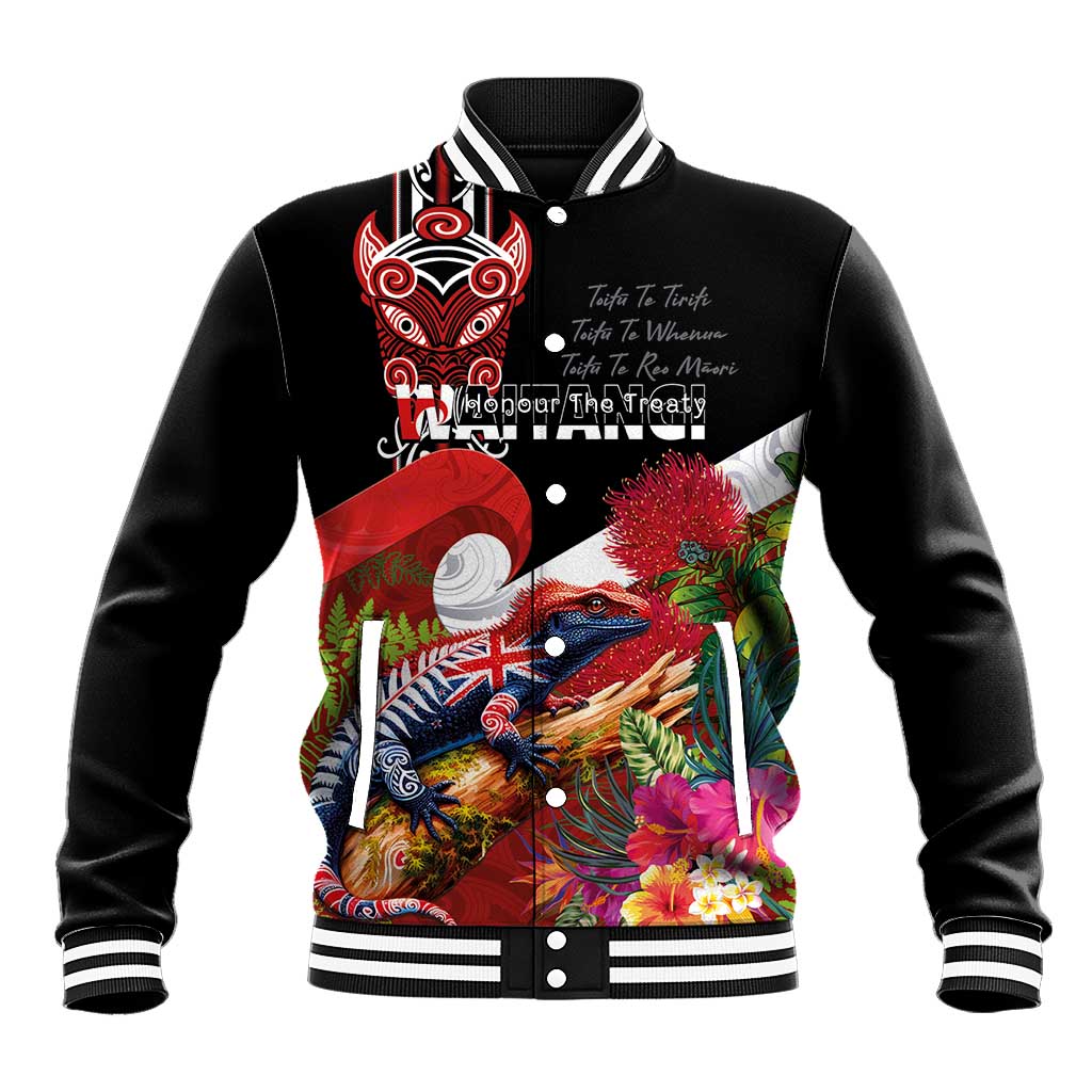 Aotearoa Toitu Te Tiriti Baseball Jacket Waitangi-Honour The Treaty NZ Tuatara and Plants LT03 Unisex Multicolor - Polynesian Pride