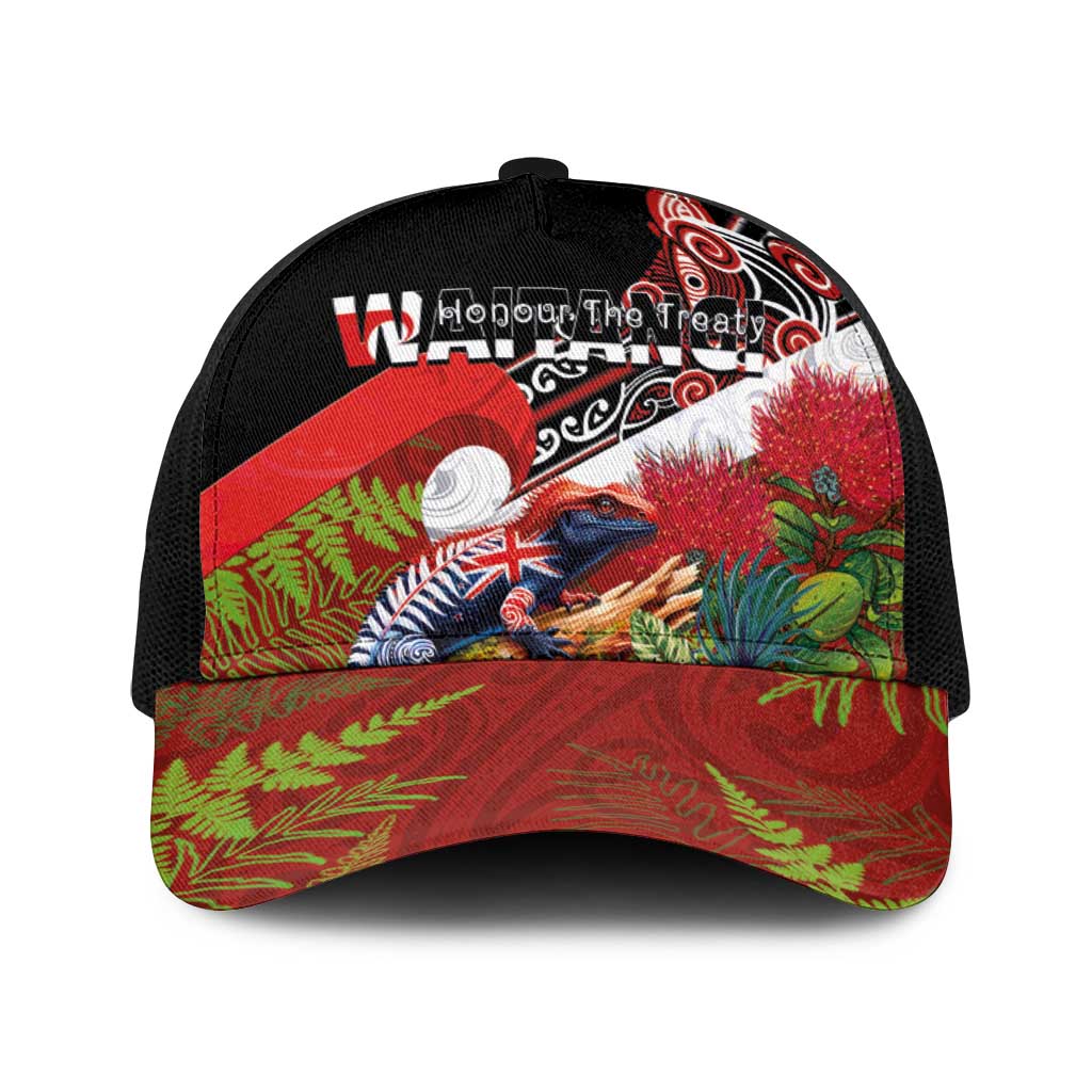Aotearoa Toitu Te Tiriti Baseball Net Cap Waitangi-Honour The Treaty NZ Tuatara and Plants LT03 One Size Black Multicolor - Polynesian Pride