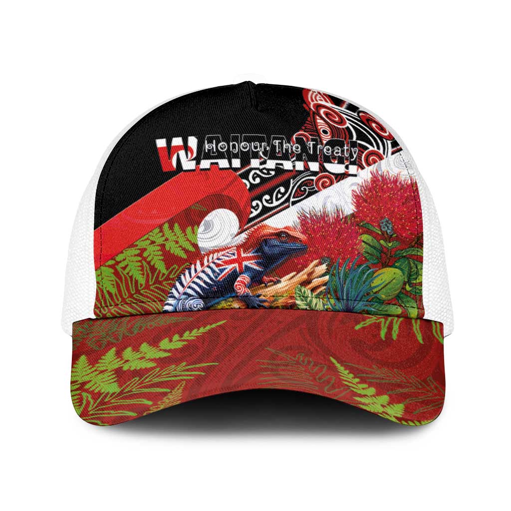 Aotearoa Toitu Te Tiriti Baseball Net Cap Waitangi-Honour The Treaty NZ Tuatara and Plants LT03 One Size White Multicolor - Polynesian Pride