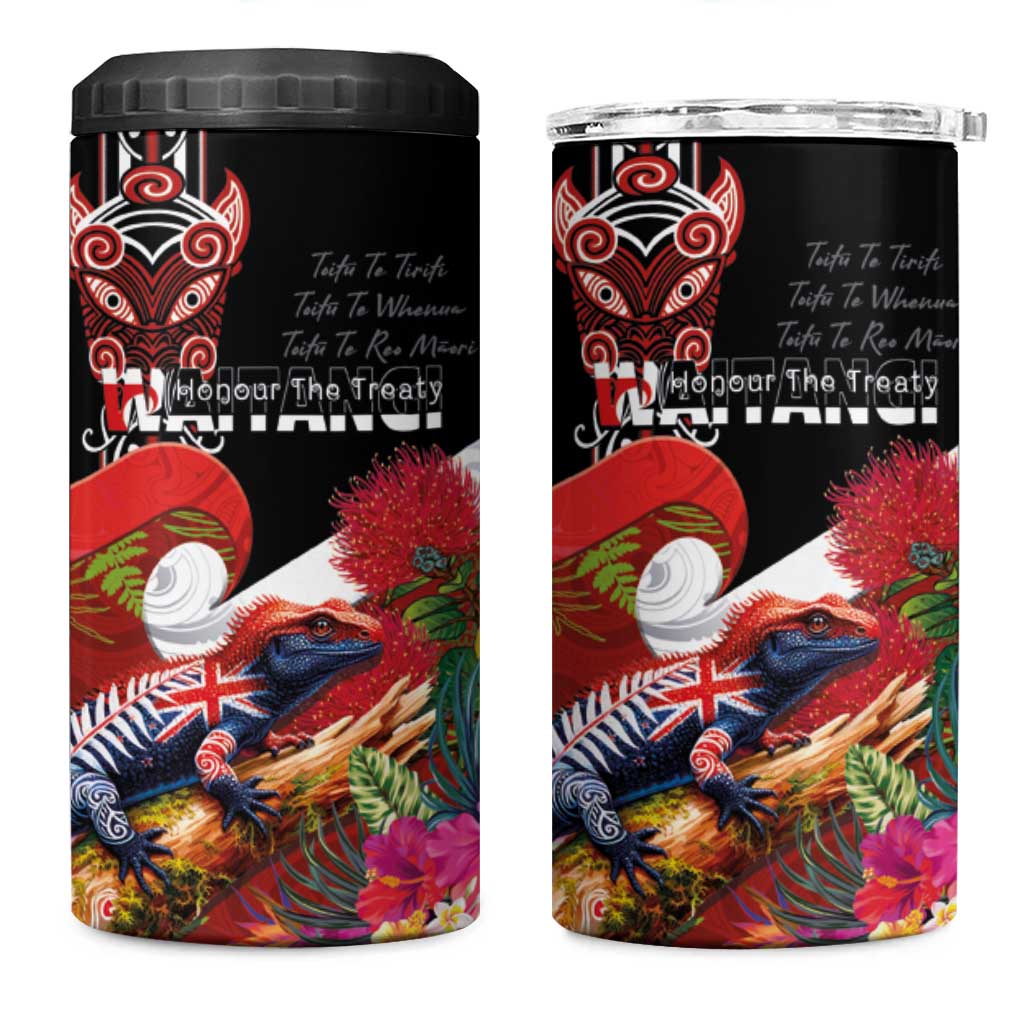 Aotearoa Toitu Te Tiriti 4 in 1 Can Cooler Tumbler Waitangi-Honour The Treaty NZ Tuatara and Plants