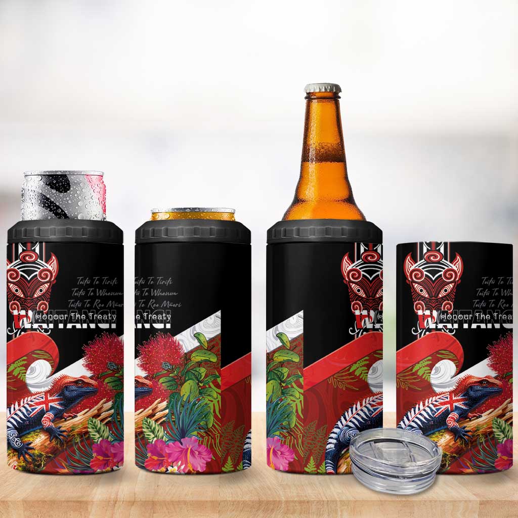 Aotearoa Toitu Te Tiriti 4 in 1 Can Cooler Tumbler Waitangi-Honour The Treaty NZ Tuatara and Plants