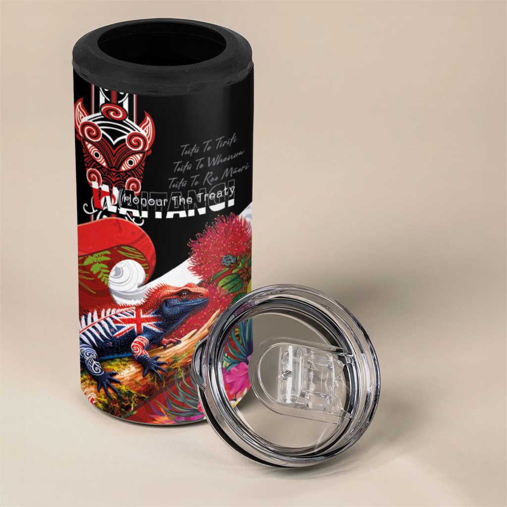 Aotearoa Toitu Te Tiriti 4 in 1 Can Cooler Tumbler Waitangi-Honour The Treaty NZ Tuatara and Plants