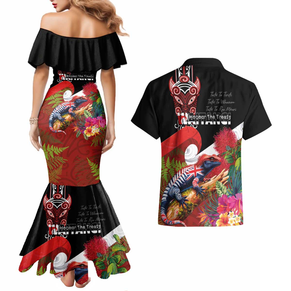 Aotearoa Toitu Te Tiriti Couples Matching Mermaid Dress and Hawaiian Shirt Waitangi-Honour The Treaty NZ Tuatara and Plants