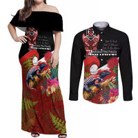 Aotearoa Toitu Te Tiriti Couples Matching Off Shoulder Maxi Dress and Long Sleeve Button Shirt Waitangi-Honour The Treaty NZ Tuatara and Plants