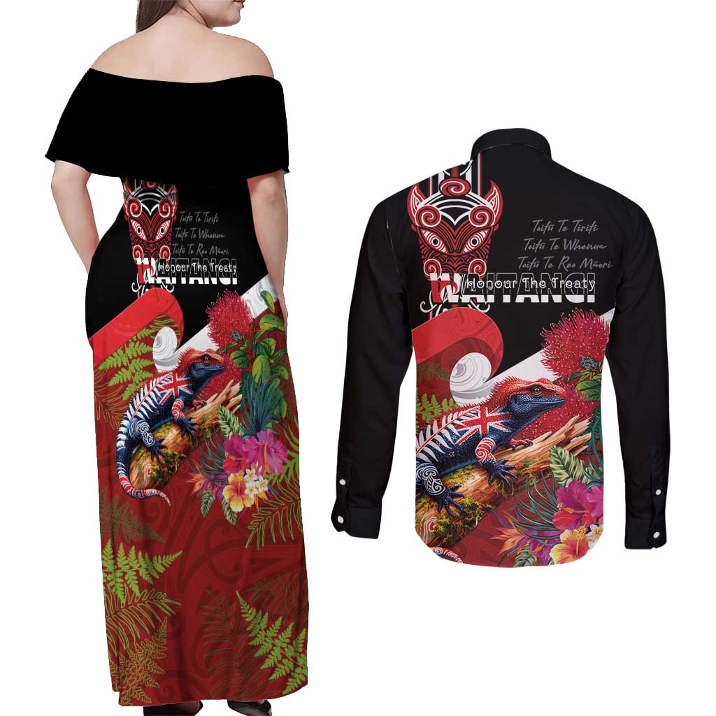 Aotearoa Toitu Te Tiriti Couples Matching Off Shoulder Maxi Dress and Long Sleeve Button Shirt Waitangi-Honour The Treaty NZ Tuatara and Plants