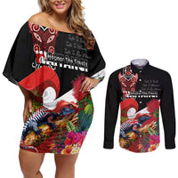 Aotearoa Toitu Te Tiriti Couples Matching Off Shoulder Short Dress and Long Sleeve Button Shirt Waitangi-Honour The Treaty NZ Tuatara and Plants