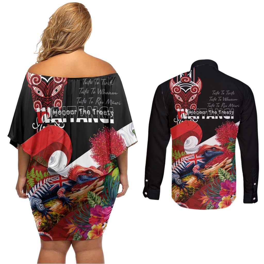 Aotearoa Toitu Te Tiriti Couples Matching Off Shoulder Short Dress and Long Sleeve Button Shirt Waitangi-Honour The Treaty NZ Tuatara and Plants