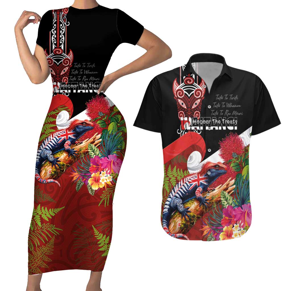 Aotearoa Toitu Te Tiriti Couples Matching Short Sleeve Bodycon Dress and Hawaiian Shirt Waitangi-Honour The Treaty NZ Tuatara and Plants