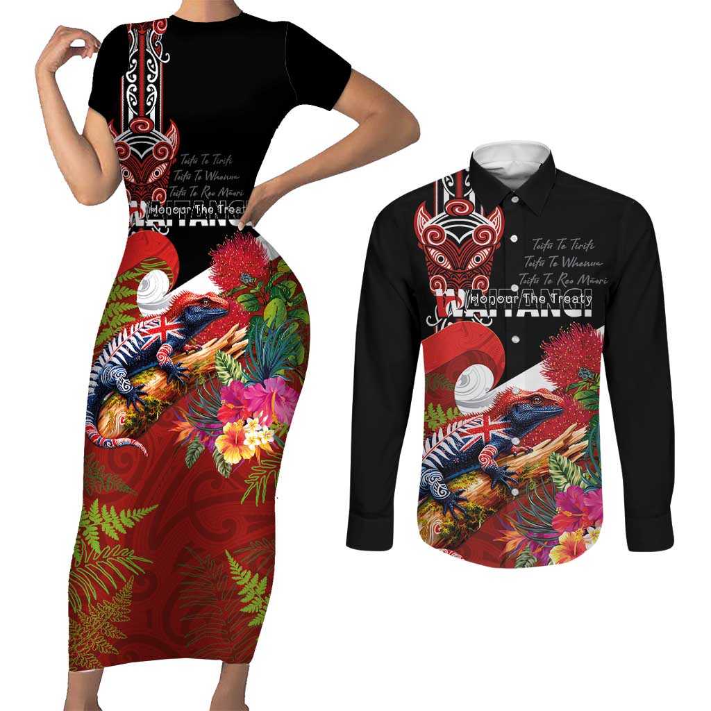 Aotearoa Toitu Te Tiriti Couples Matching Short Sleeve Bodycon Dress and Long Sleeve Button Shirt Waitangi-Honour The Treaty NZ Tuatara and Plants