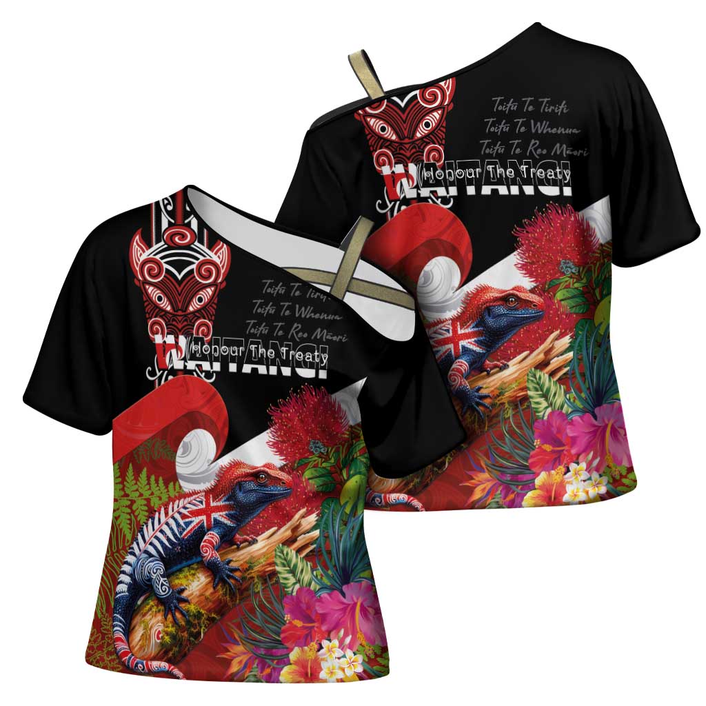 Aotearoa Toitu Te Tiriti Cross Shoulder Shirt Waitangi-Honour The Treaty NZ Tuatara and Plants