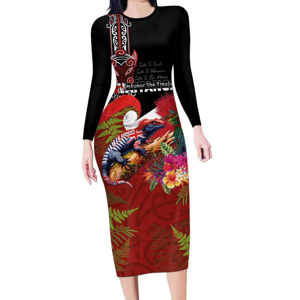 Aotearoa Toitu Te Tiriti Family Matching Long Sleeve Bodycon Dress and Hawaiian Shirt Waitangi-Honour The Treaty NZ Tuatara and Plants