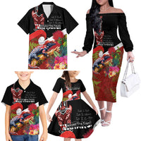 Aotearoa Toitu Te Tiriti Family Matching Off The Shoulder Long Sleeve Dress and Hawaiian Shirt Waitangi-Honour The Treaty NZ Tuatara and Plants