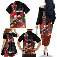 Aotearoa Toitu Te Tiriti Family Matching Off The Shoulder Long Sleeve Dress and Hawaiian Shirt Waitangi-Honour The Treaty NZ Tuatara and Plants