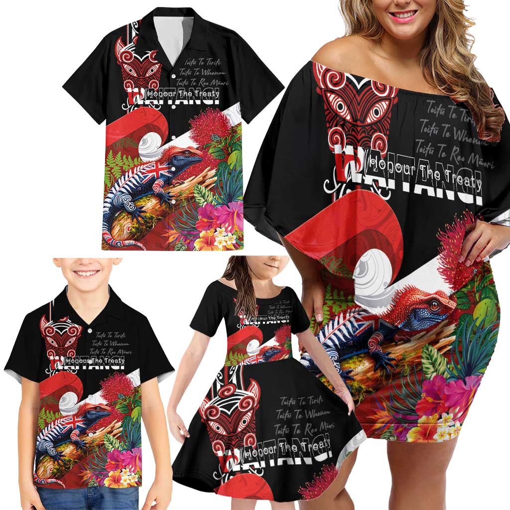 Aotearoa Toitu Te Tiriti Family Matching Off Shoulder Short Dress and Hawaiian Shirt Waitangi-Honour The Treaty NZ Tuatara and Plants