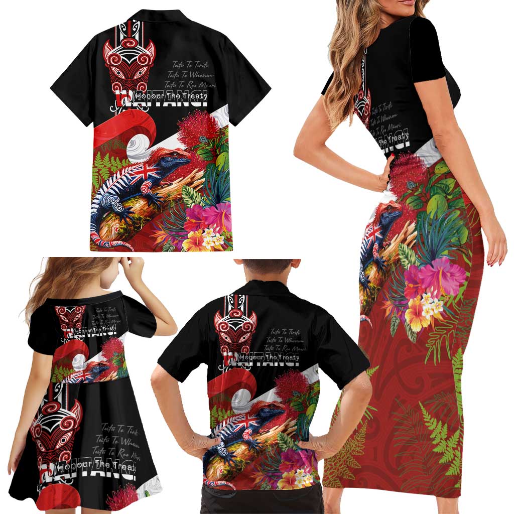 Aotearoa Toitu Te Tiriti Family Matching Short Sleeve Bodycon Dress and Hawaiian Shirt Waitangi-Honour The Treaty NZ Tuatara and Plants