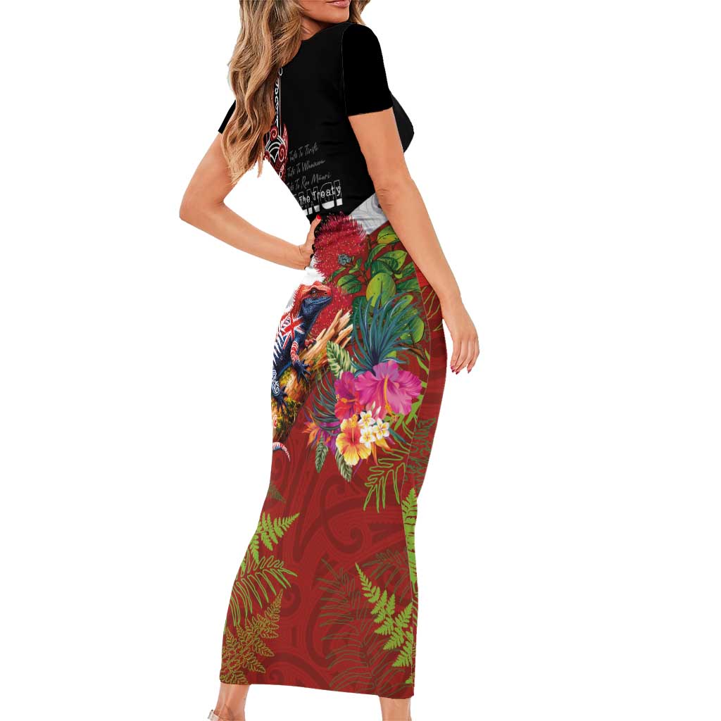 Aotearoa Toitu Te Tiriti Family Matching Short Sleeve Bodycon Dress and Hawaiian Shirt Waitangi-Honour The Treaty NZ Tuatara and Plants