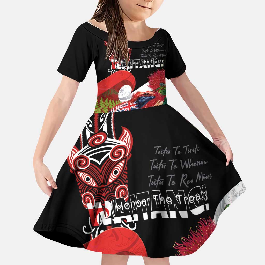 Aotearoa Toitu Te Tiriti Family Matching Summer Maxi Dress and Hawaiian Shirt Waitangi-Honour The Treaty NZ Tuatara and Plants LT03 Daughter's Dress Multicolor - Polynesian Pride