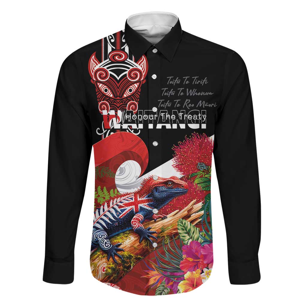 Aotearoa Toitu Te Tiriti Family Matching Summer Maxi Dress and Hawaiian Shirt Waitangi-Honour The Treaty NZ Tuatara and Plants LT03 Dad's Shirt - Long Sleeve Multicolor - Polynesian Pride