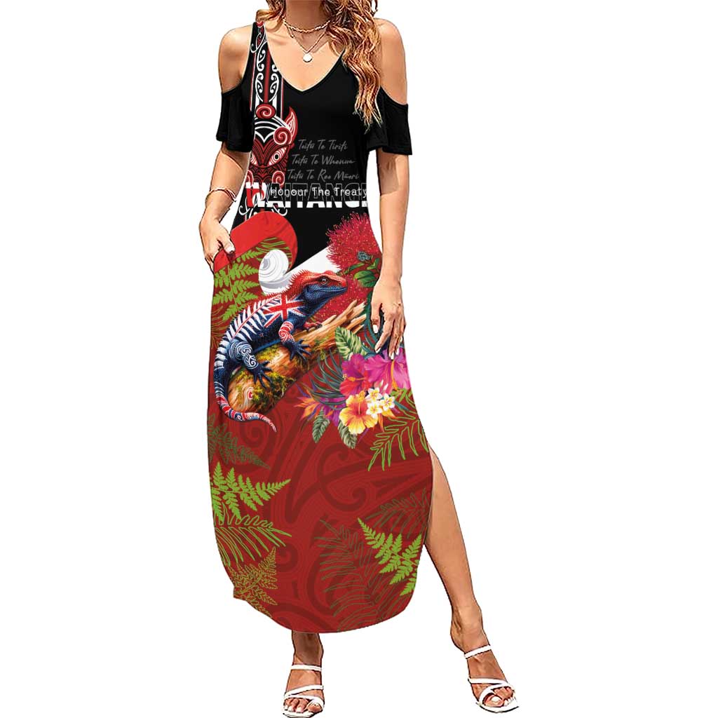 Aotearoa Toitu Te Tiriti Family Matching Summer Maxi Dress and Hawaiian Shirt Waitangi-Honour The Treaty NZ Tuatara and Plants LT03 Mom's Dress Multicolor - Polynesian Pride