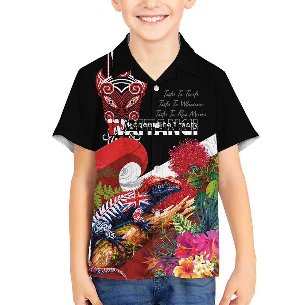 Aotearoa Toitu Te Tiriti Family Matching Summer Maxi Dress and Hawaiian Shirt Waitangi-Honour The Treaty NZ Tuatara and Plants LT03 Son's Shirt Multicolor - Polynesian Pride