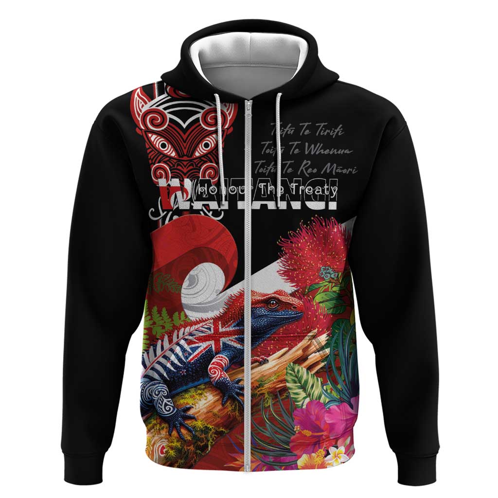 Aotearoa Toitu Te Tiriti Hoodie Waitangi-Honour The Treaty NZ Tuatara and Plants