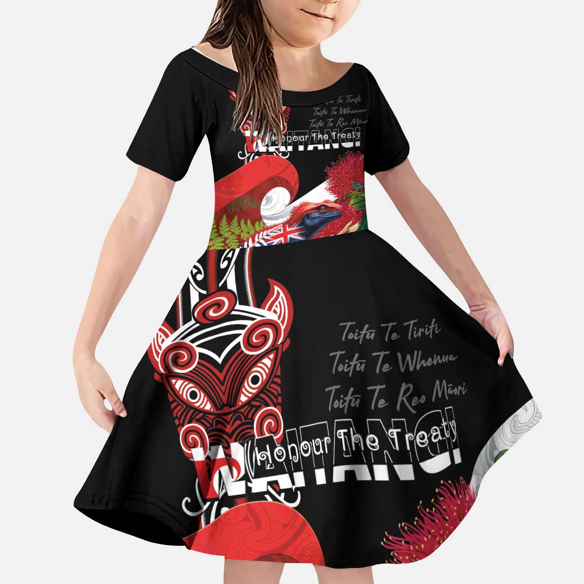 Aotearoa Toitu Te Tiriti Kid Short Sleeve Dress Waitangi-Honour The Treaty NZ Tuatara and Plants