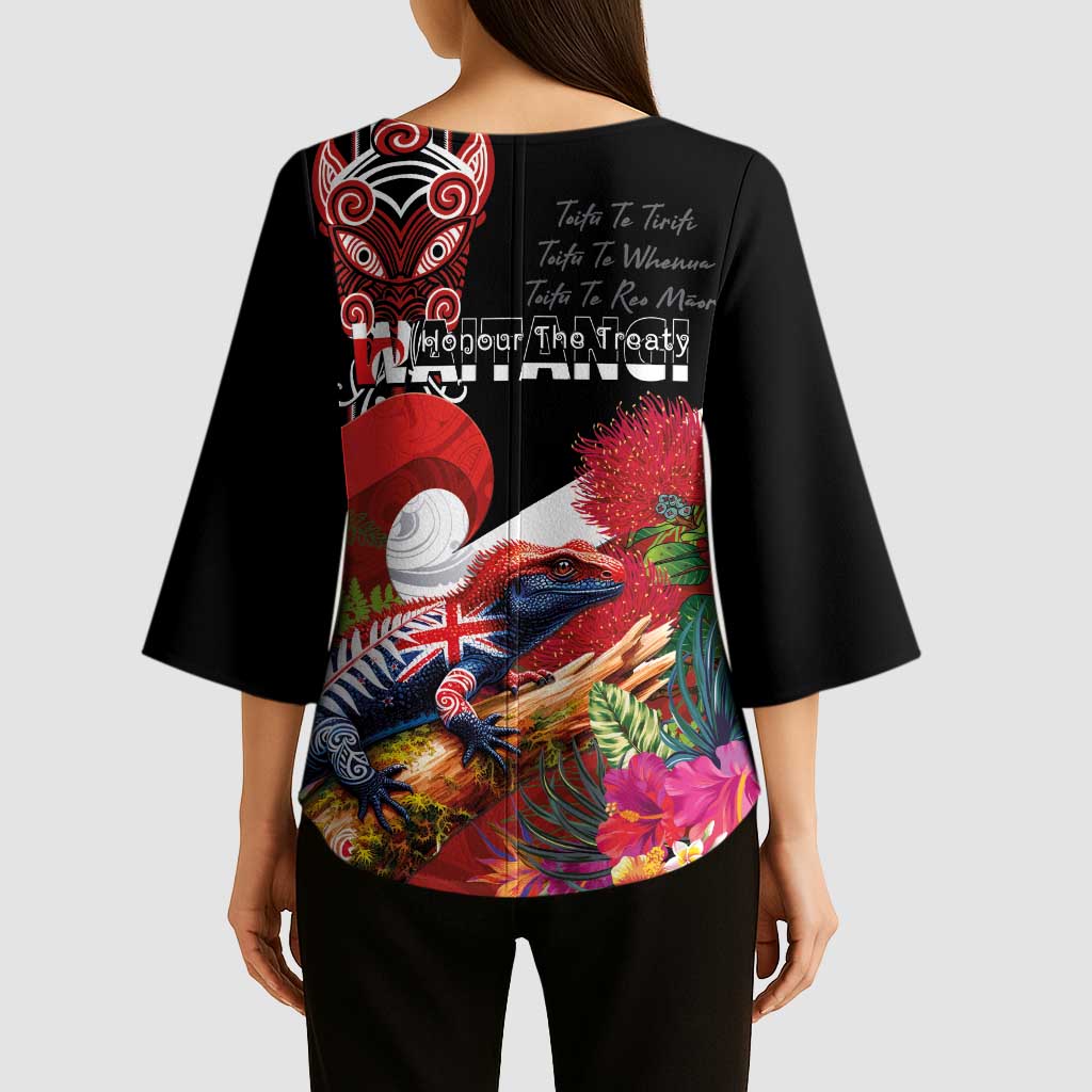 Aotearoa Toitu Te Tiriti Kimono Sleeve Blouse Waitangi-Honour The Treaty NZ Tuatara and Plants