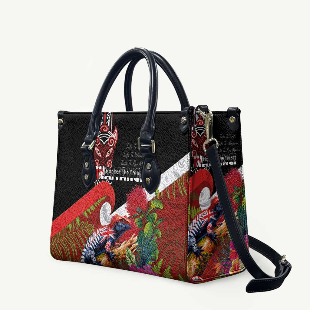 Aotearoa Toitu Te Tiriti Leather Bag Waitangi-Honour The Treaty NZ Tuatara and Plants