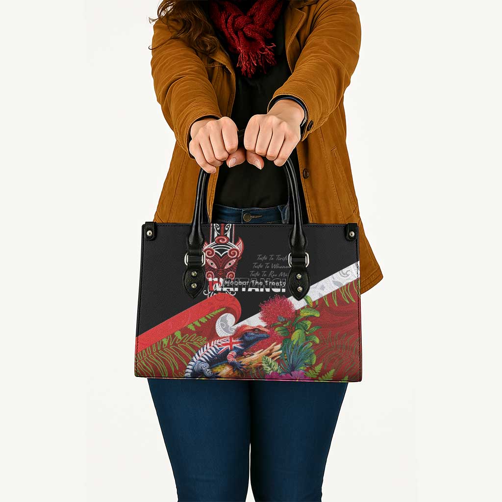 Aotearoa Toitu Te Tiriti Leather Bag Waitangi-Honour The Treaty NZ Tuatara and Plants