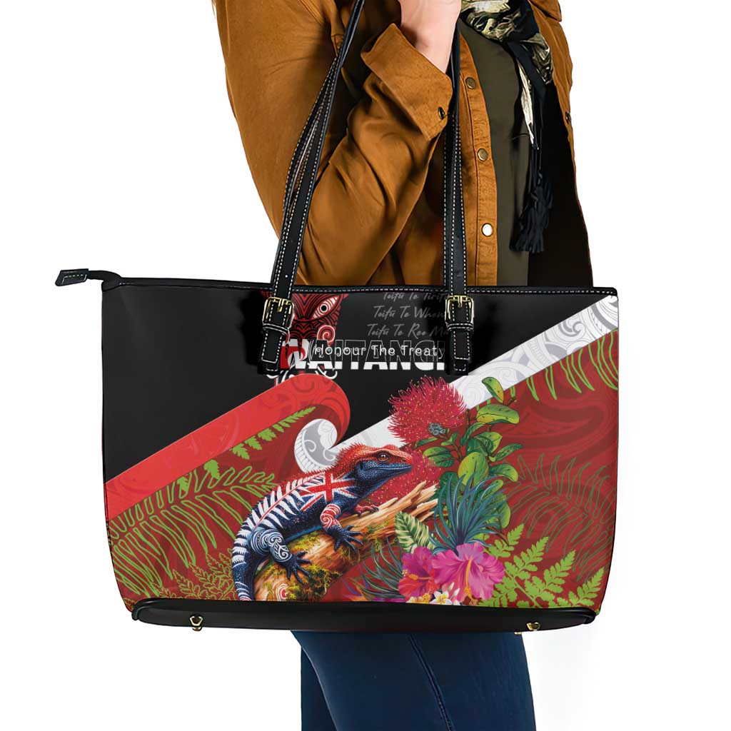 Aotearoa Toitu Te Tiriti Leather Tote Bag Waitangi-Honour The Treaty NZ Tuatara and Plants