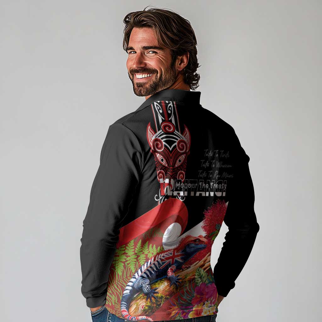 Aotearoa Toitu Te Tiriti Long Sleeve Polo Shirt Waitangi-Honour The Treaty NZ Tuatara and Plants