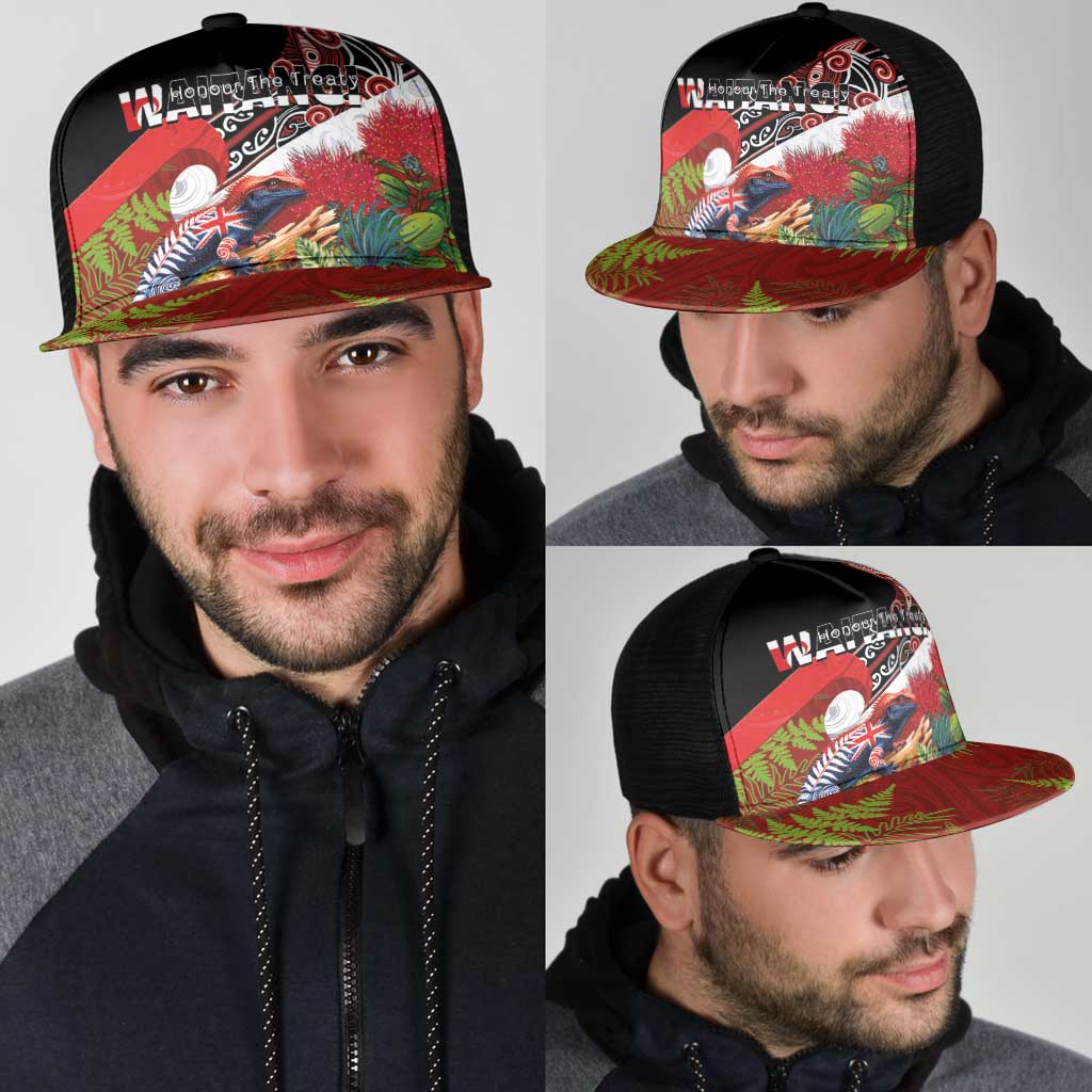 Aotearoa Toitu Te Tiriti Mesh Trucker Cap Waitangi-Honour The Treaty NZ Tuatara and Plants